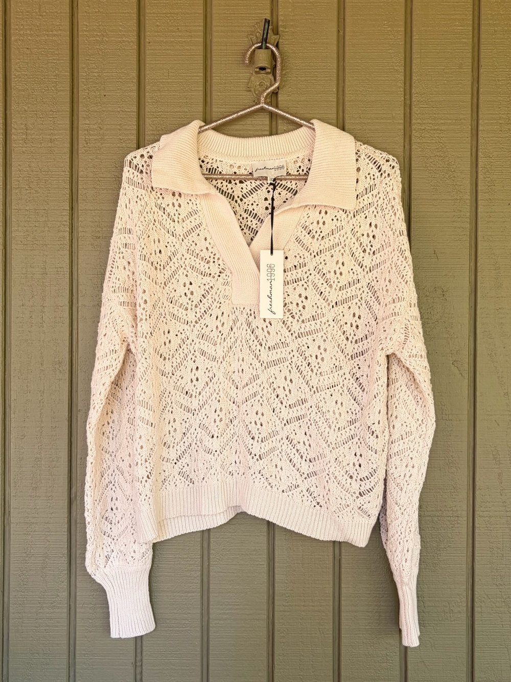 NWT Freshman 1996 Cream Crochet Knit Collared Polo Sweater Size Large